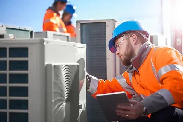 Air conditioning technician performing maintenance on an air-conditioning unit.