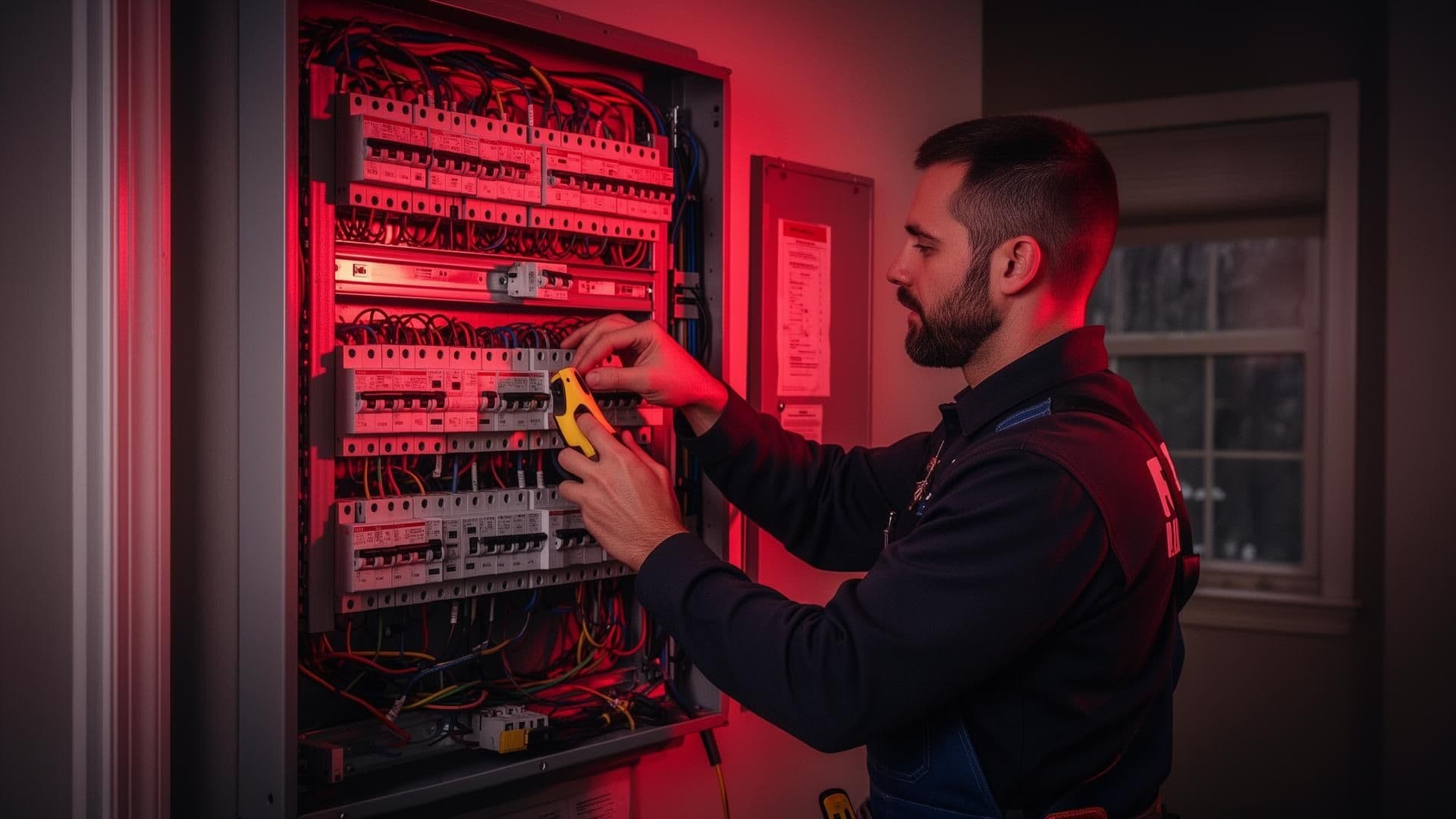 Professional electrician working on electrical panel